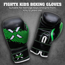 Load image into Gallery viewer, Fightx Kids Boxing Gloves for 3-8 Years, Punching Bag Training Youth Boxing Gloves for 8-12, Kids MMA Gloves Junior Kickboxing Muay Thai Glove 4-6oz Toddler UFC Boxing Gloves (Black/Green, 6oz)